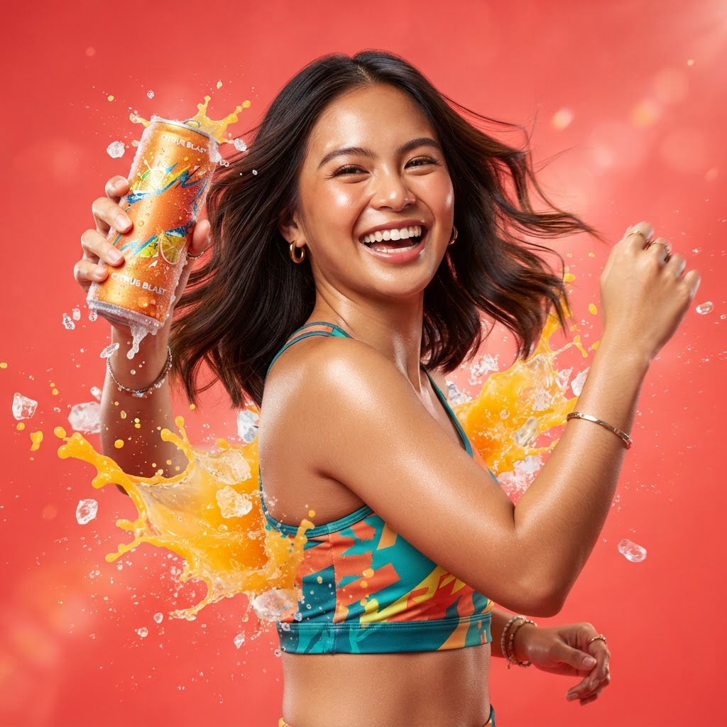 A smiling young woman holding up a chilled can of Drinho surrounded by juice splashes